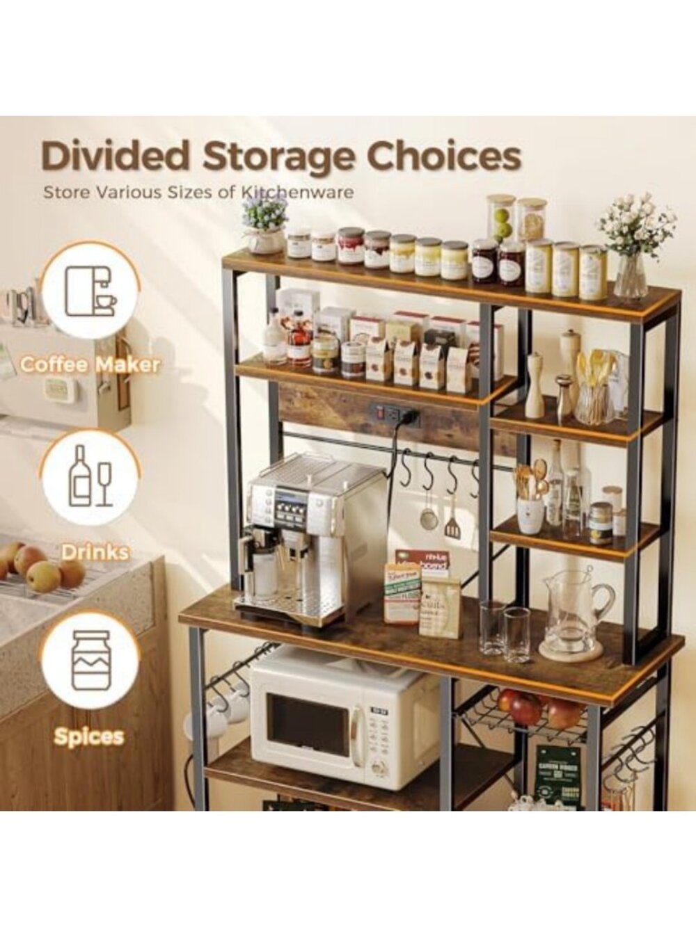 Rustic Brown Large Bakers Rack with Power Outlets - 39.4 Inch Microwave Stand - Picture 5 of 6